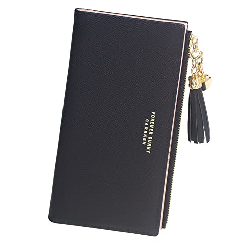Image of SUMGOGO Wallets for Women Slim Clutch Purse Handbag Card Holder Womens Long Tassel Zipper Pocket Fashion Taiga Leather Billfold Wallet (Black)