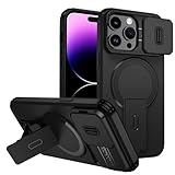 custodia per iPhone 15 Pro Max con ring stand magnetico, cover militare antiurto con protezione fotocamera scorrevole compatible with MagSafe ricarica wireless Nero