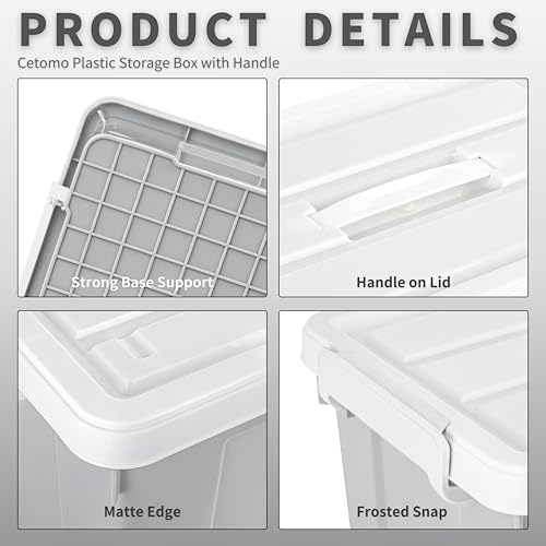 Cetomo 45L*4 Aufbewahrungsboxen, Tragbare Plastikboxen mit Deckeln, Organizer-Behälter mit Griff und Clips, Stapelbar, Ineinander Nestbar, für Zuhause und Büro, Grau, 45L-4er Pack