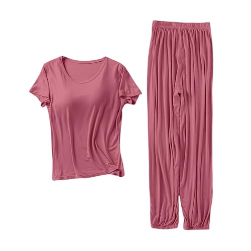 Genérico Chandal Verano Mujer Pijama Invierno Mujer Talla pequeña Conjunto Lactancia con túnica Corta Pantalones Anchos Ropa Dormir cálida y cómoda Rosa Caliente 3XL