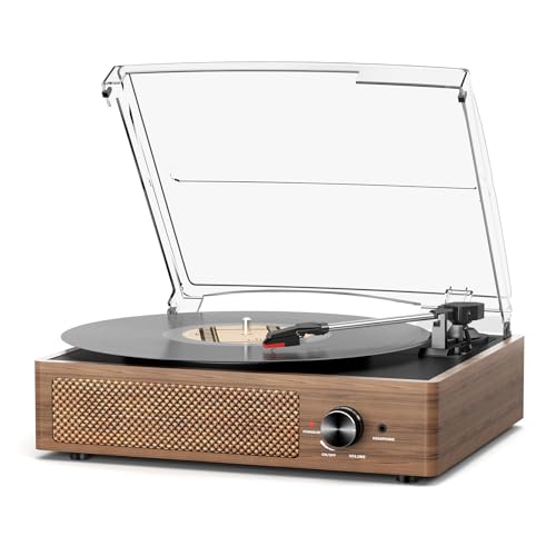 Record Player for Vinyl with 2 Build-in Speakers LP Vinyl Players Belt-Driven Vintage Turntables 3 Speed 3 Size, Wireless Bluetooth Playback, AUX-in,RCA Out, Headphone, Auto Stop Wood