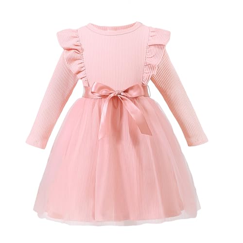 Magic Park 12M-7Y Toddler Tulle Dress Girl Long Sleeve Tutu Dress Kids Ribbed Dresses Holiday Birthday Outfits Girls