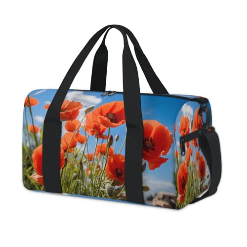 Red Poppy Pattern Sports Duffle Bag for Women Men Waterproof Overnight Weekender Bag with Adjustable Strap Travel Tote Bags for Beach Yoga Work Dance Swim