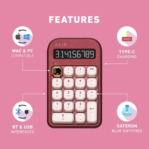 Image of AZIO IZO Wireless Mechanical Calculator & Number Pad (Red /Gold) - Bluetooth 5.0 & USB, Gateron-Blue Mechanical Switch, 9 Backlight Modes, Rechargeable, PC & Mac Compatible, Baroque Rose (IN106)