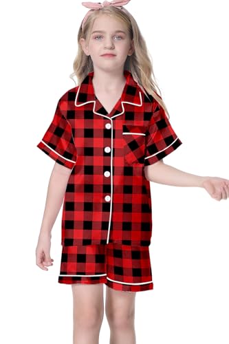 Image of Umeyda Women & Girls Pajamas Set, 2 Piece PJS Satin Silk Sleepwear Button-Down Top with Shorts for Mom Kids Gifts