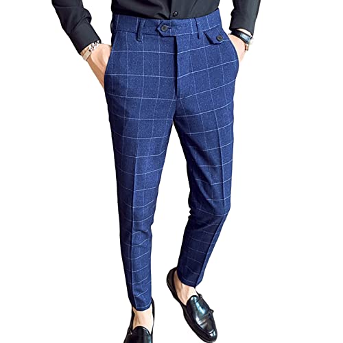 Men's Plaid Tapered Leg Casual Pant Stylish Striped Slim Fit Suit Pant Lightweight Business Dress Trousers