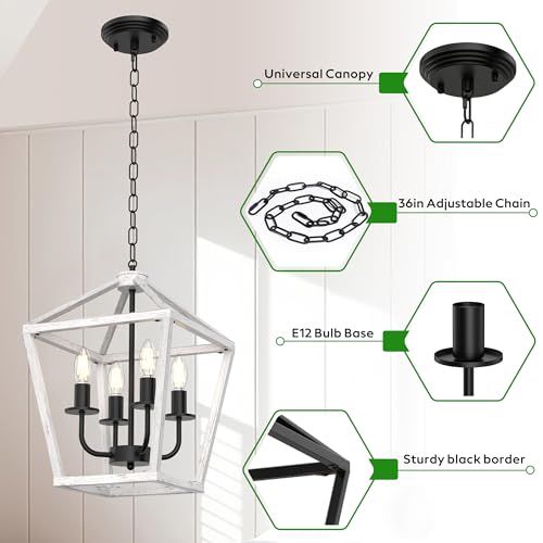 Image of Farmhouse Lantern Chandelier 4-Light, Industrial Brushed White Oak Ceiling Light Fixture with Open Cage and Adjustable Hanging Height, E12 Base for Kitchen Island, Dining Room, Entryway, Foyer