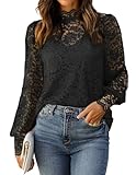 HOTOUCH Black Lace Top for Women Long Sleeve Blouses Sexy Floral Lace Sheer Shirts Date Dressy Night Out Outfits M