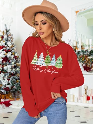 Image of PECHAR Christmas Tree Sweatshirts Women Pine Tree Print Shirts Nature Lover Gift Casual Tee Long Sleeve Xmas Pullover