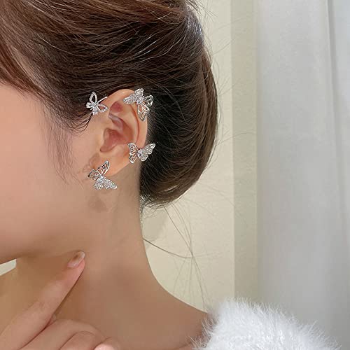 Kenjudess Vintage Crystal Butterfly Flower Ear Cuffs 2Pcs Non-Pierced Sparkling Iced Out Rhinestone Butterfly Cartilage Climber Ear Wrap Prom Party Festival Ear Jewelry For Women (Silver Butterfly) #TOP6