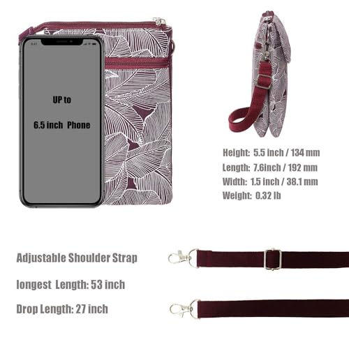 Image of LassZone Canvas Cute Crossbody Bags for Women Mini Shoulder Handbag Cell Phone Purse Wallet Leaves Pattern Coin Pouch, Red Purle, 7.6*5.5*1.5 inch