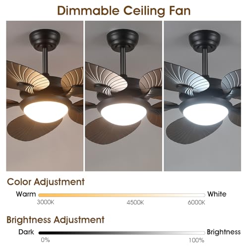 Wiviniya Tropical Ceiling Fans with Lights and Remote/APP Control, 44 Inch Palm Leaf Ceiling Fan with LED Lights, Outdoor Ceiling Fans for Patios Porch, Reversible Quiet Motor, Dimmable, Light Brown