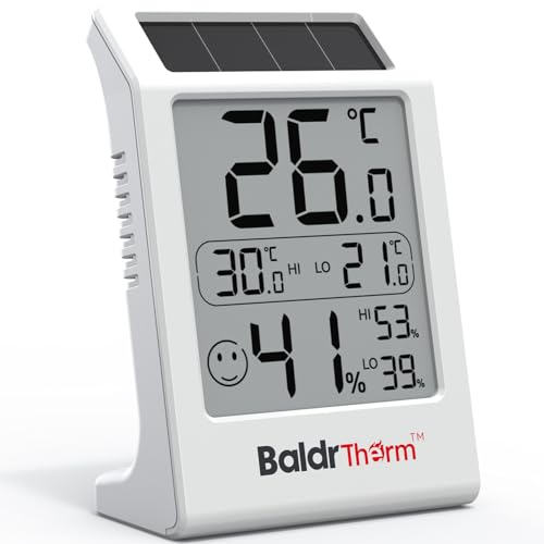 BaldrTherm Humidity Meter Hygrometer, Solar-Powered Room Thermometer Indoor Digital Temperature Sensor Monitor, 3.2''Humidity Gauge for Baby Rooms, Home, Office, 1Pack