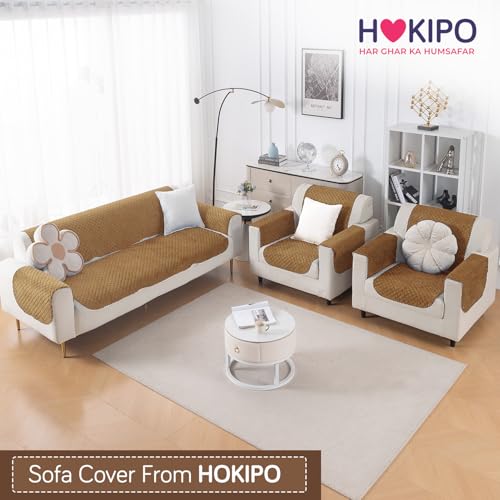 Image of HOKIPO Quilted Sofa Cover 5 Seater Set (3+1+1) - Sofa Cover for Seat & Back | 'Quilt Classic' Golden (IN-927 * 2+925 * 4-GLD)