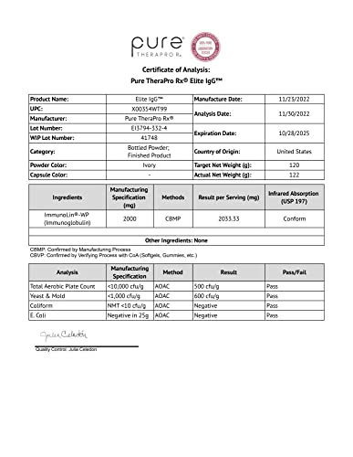 Pure Therapro Rx Elite Igg Immunoglobulin Supplement Powder, 60 Servings, 1100 Mg Igg, Iga & Igm Serum Derived Immunoglobulins, Unflavored, Gluten, Dairy & Gmo Free Colostrum Supplement Alternative #TOP7