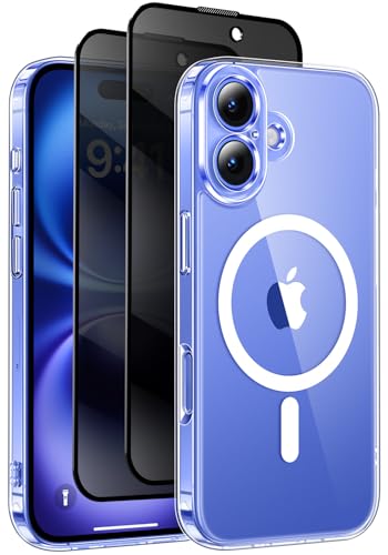 HeIssitot for iPhone 16 Case with MagSafe Privacy Screen Protectors X2 [Anti-Yellowing][Cameratection][Military-Grade Protection] Magnetic Slim Shockproof Phone Cover 6.1 Clear