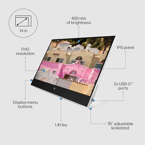 Image of HP E14 G4 14 inch Portable Monitor, On-Screen Controls; Low Blue Light Mode; Anti-Glare,Power Control; Input Control; Menu Control; Image; Color, No Integrated Camera