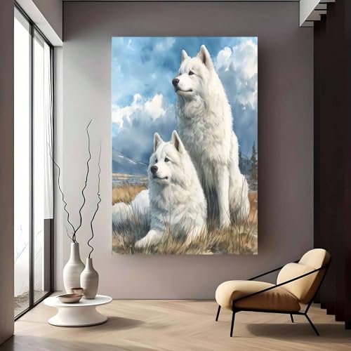 Toile paysage de prairie et Samoyède une décoration murale raffinée grand format 50x70cm