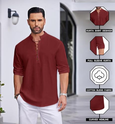 Image of Macsivo Men's Stylish Mandarin Collar Kurta | Casual Ethnic Fusion Shirt for Daily, Party & Travel | Full Sleeves | Cotton Blend Comfort Fit Short Kurta