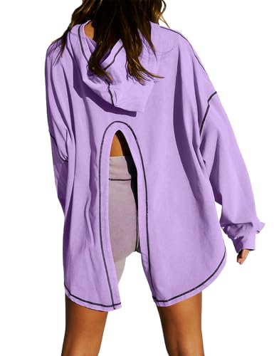 Women Open Back Workout Hooded Sweatshirt Oversized Long Sleeve Side Slit Athletic Shirt Flowy Hoodie Top Activewear