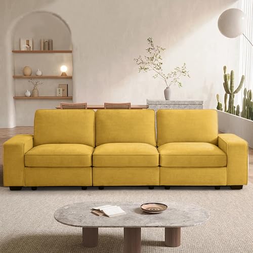 Image of TEKAMON 100 inch Modular Sofa with Seats Storage, Comfy 3-Seater Chenille Fabric Couch for Living Room, Office, Apart W /Deep Seat, USB Charging, Upholstered Couch with Removable Cover(Yellow)