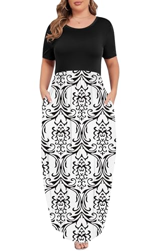 Image of KARALIN Women Plus Size Maxi Dress Short Sleeve Round Neck Loose Fit A-Line | Plus Size Long Dress,Summer Casual Maxi Dresses,Short Sleeve,Side Pockets,Round Neck,Elastic Waist,14 Plus - 26 Plus