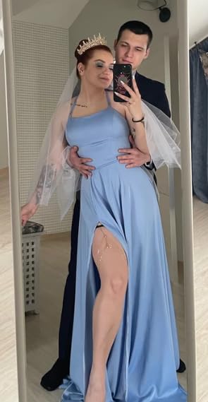 Spaghetti Straps Satin Prom Dresses Long with Side Slit A Line Bridesmaid Dress with Pockets WD0563