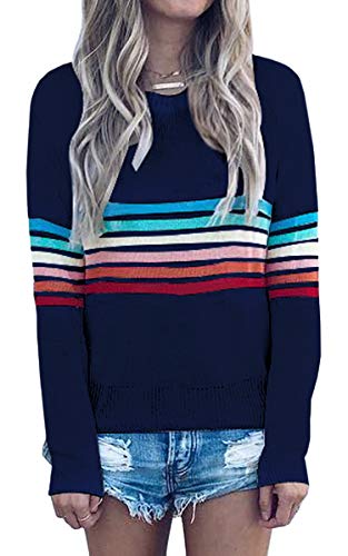 ECOWISH Women's Sweater Rainbow Colorful Striped Sweaters Long Sleeve Crew Neck Color Block Casual Pullover Blouse Tops