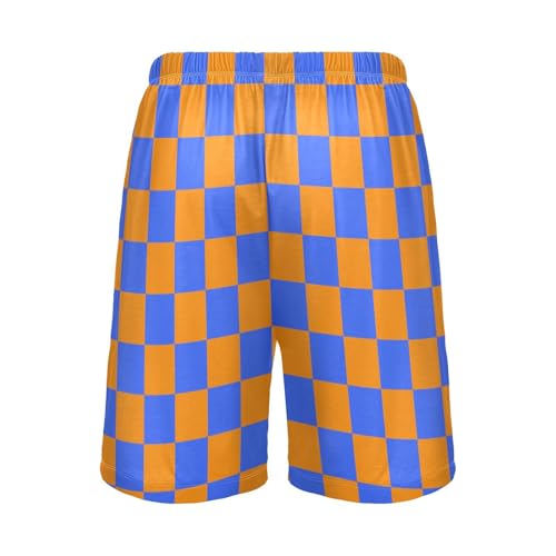 Men's Orange and Blue Buffalo Checkered Pajama Shorts with Pocket and Drawstring S2