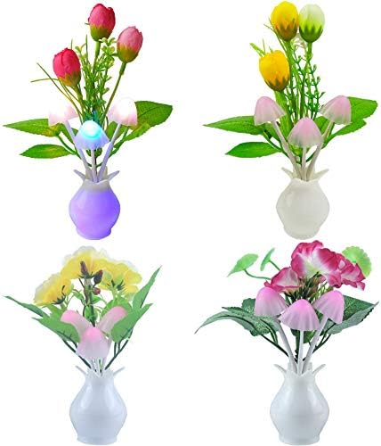 Warmstor [4 Pack] Mushroom Night Light, Tulip Clove Plum Flowers Plug-in Mushrooms Colors Changing Nightlight Colorful LED Wall Lamp Little Night Lights for Bathroom Bedroom Corridor Nursery