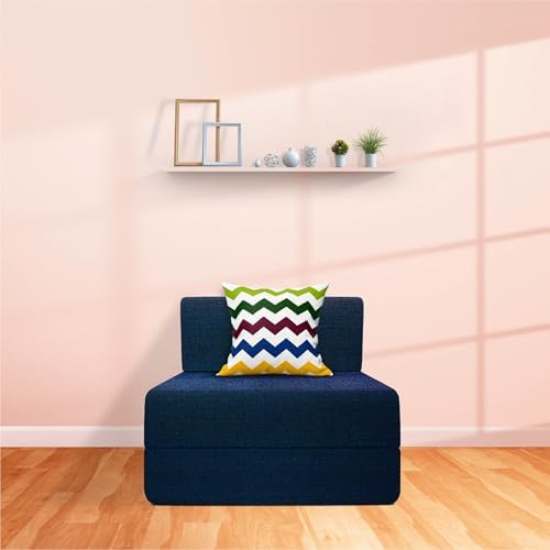 Starlon 1 Seater Sofa Cum Bed | Foldable Sofacum Bed | Jute Fabric Washable Cover (Navy Blue with 1 Cushion Waves Pattern, 3x6 Ft)