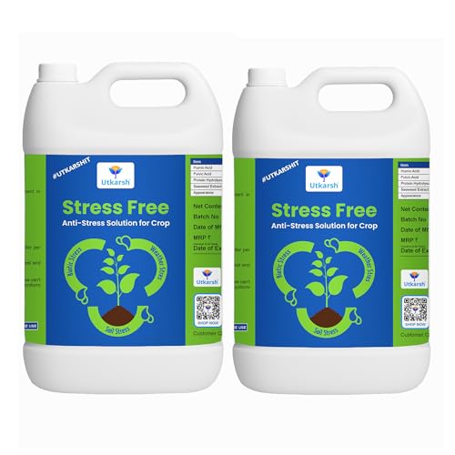 Image of Utkarsh Stress Free - Humic acid, Fulvic acid & Amino Acid Seaweed Extract based Biostimulant, Stimulates Flowering & Fruit Setting, Promotes Vigorous Root & Shoot Growth | 10 Ltr; Pack of 2 of 5 Ltr