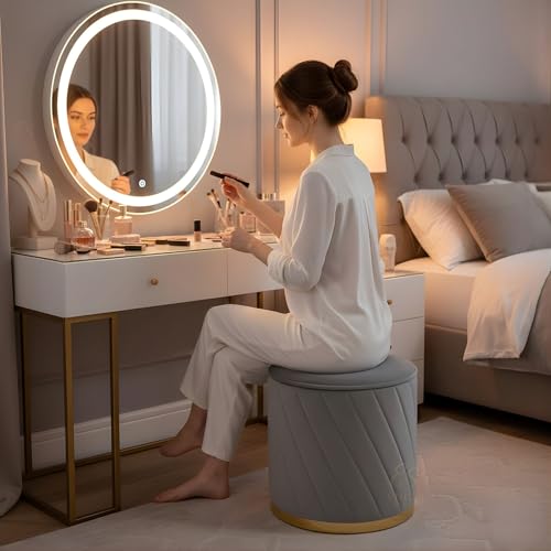 Image of Luxury Round Velvet Ottoman Stool with Gold Base - Modern Upholstered Footrest Pouffe, Tufted Vanity Seat, Living Room Bedroom Dressing Stool (Grey)