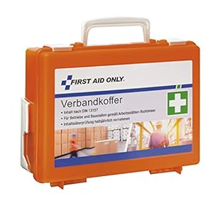 First Aid Only Verbandkoffer mit Griff, DIN 13157, inklusive Trennscheiben, Wandhalterung, Schrauben und Dübeln, orange, P-10020