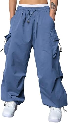 JMIERR Parachute Pants for Men Fasion Loose Fit Wide Leg Rap Pants with Drawstring High Waist Fall Outfits Retro 80s,US 38(XL),Ashleigh Blue