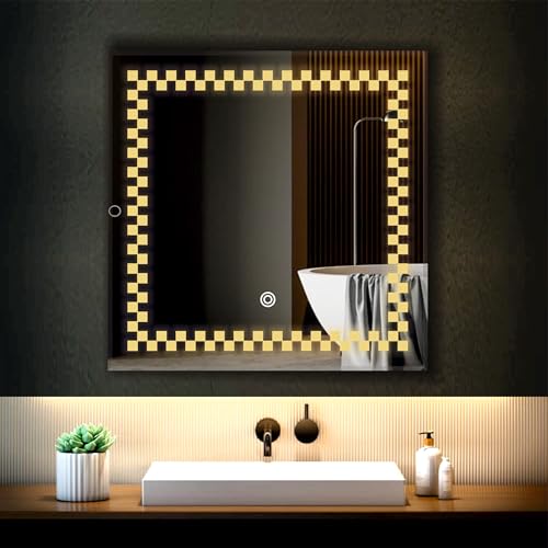 Image of LED Bathroom Wall Mirror with 3 Decorative Lights | Touch Sensor | Warm | Natural and Cool White | for Wash Basin | Bedroom | Dressing Area (Square, 18x18)
