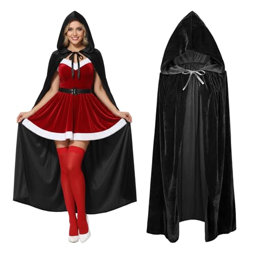 ShellKingdom Unisex Black Cloak with Hood, Velvet Christmas Halloween Cloak, Halloween Witch Cosplay Costume for Women Men Birthday Party Decoration, 51 INCH (Black)