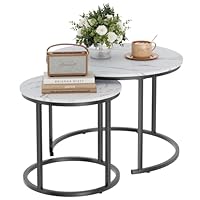 Beistelltisch Set Rund, Couchtisch 2er Set, Sofatische, Couchtisch aus Holz mit Metallrahmen, Living Room Table, Kaffeetisch, Wohnzimmertisch, Tischkombination fürs Wohnzimmer, Balkon, Weiß+Schwarz