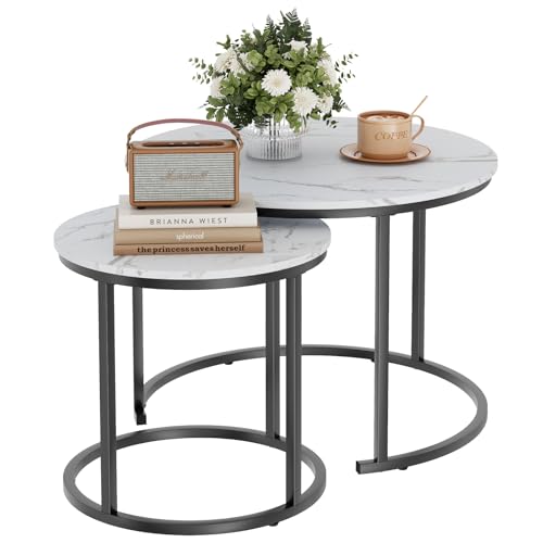 Beistelltisch Set Rund, Couchtisch 2er Set, Sofatische, Couchtisch aus Holz mit Metallrahmen, Living Room Table, Kaffeetisch, Wohnzimmertisch, Tischkombination fürs Wohnzimmer, Balkon, Weiß+Schwarz