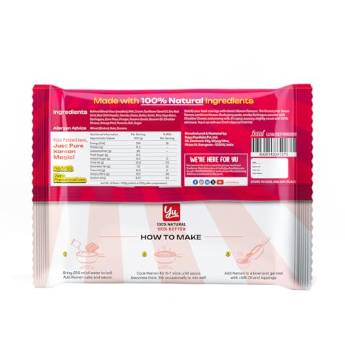 Image of Yu Foodlabs Creamy Hot Sauce Korean Ramen - Zero Preservatives & No MSG - Pack of 4-100% Natural Ingredients & Veg - Instant Noodles Ready in 6 Mins - 400 G (100 G x 4) - Yu