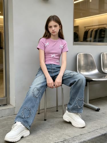 Image of Size 7-14 Years Girls 2 Piece Outfits Bow Short-Sleeved Top and Jeans Pants Clothing Set