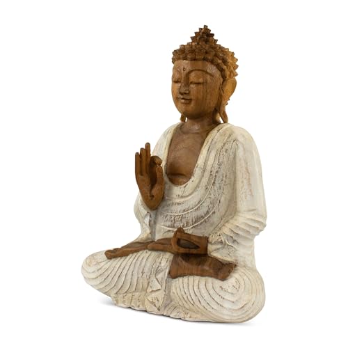 Estatua de Buda de madera tallada 16 in blanco lavado miniatura 3