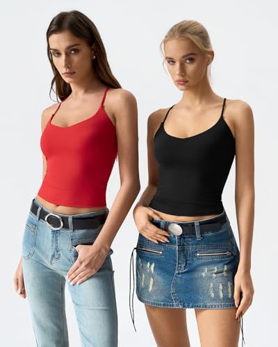 Image of QINSEN Womens Cross Back Tank Top V Neck Double Lined Camisole Top Sleeveless Spaghetti Strap Going Out Tops
