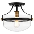 Kira Home Zurich 12" Rustic Farmhouse Semi-Flush Mount Ceiling Light + Glass Shade, Warm Brass Accents, Black Finish