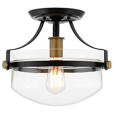 Kira Home Zurich 12" Rustic Farmhouse Semi-Flush Mount Ceiling Light + Glass Shade, Warm Brass Accents, Black Finish