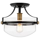 Kira Home Zurich 12' Rustic Farmhouse Semi-Flush Mount Ceiling Light + Glass Shade, Warm Brass Accents, Black Finish