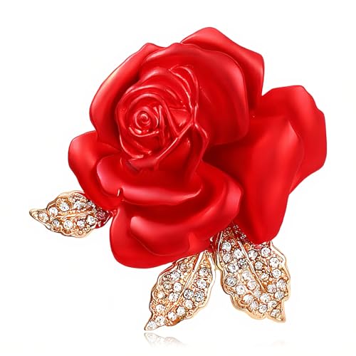 Image of Red Rose Brooch for Women - Elegant Costume Jewelry Pin for Dresses, Hats & Scarves