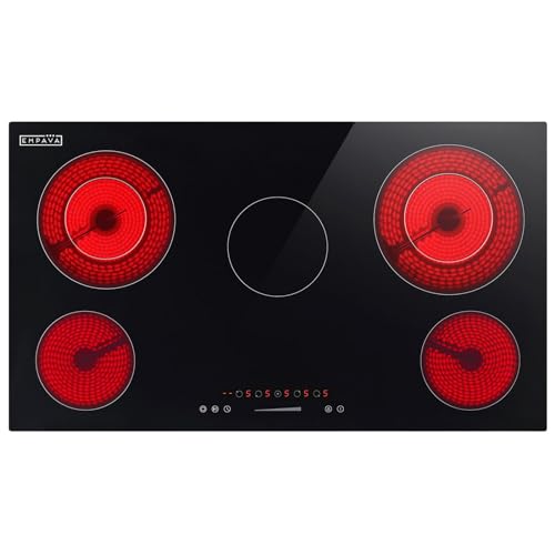 Empava Electric Stove Built in Radiant Ceramic Cooktop with Glass Smooth Surface 5 Burners with Dual Element and Warm Zone,7700W,220-240v Hard Wired, No Plug, ETL Certified, 36 inch, Black