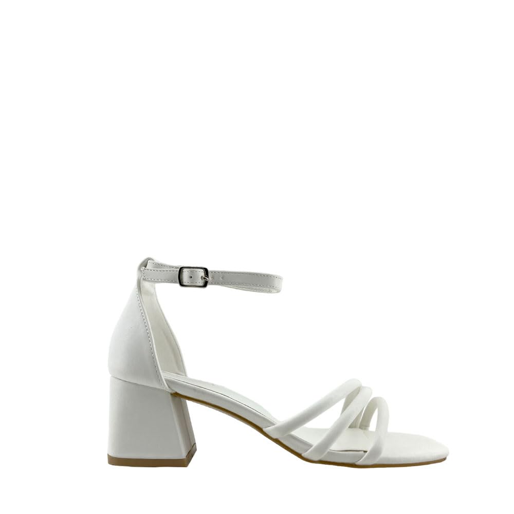 MODELISA Sandalia Tacon Ancho Fiesta Multitiras Hebilla Boda Mujer (Blanco, 37)