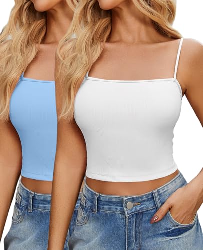 Ekouaer Women's 2pcs Crop Camisole Top Spaghetti Strap Tank Top S...